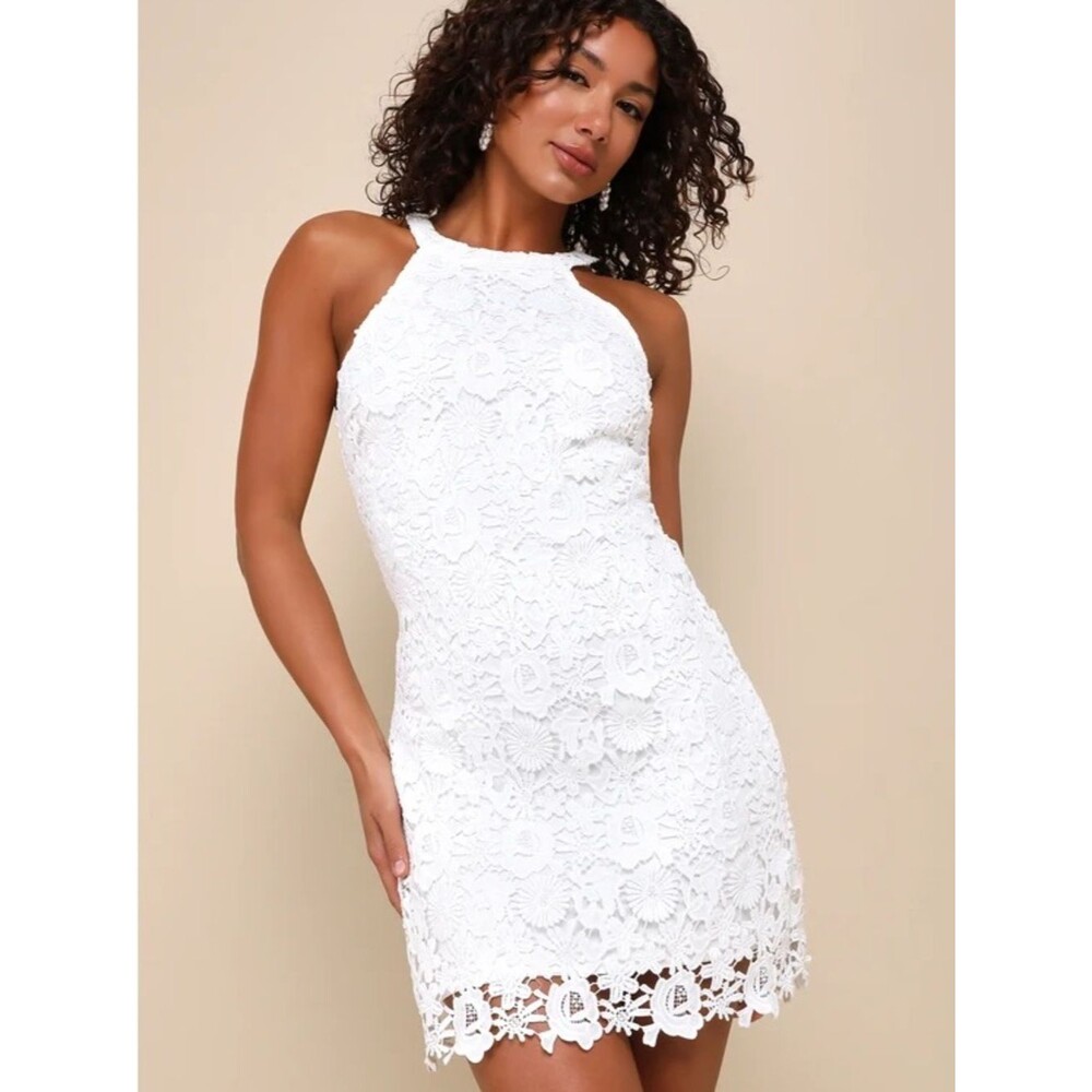 NWT Lulus White Floral Lace High Neck Mini Dress XS